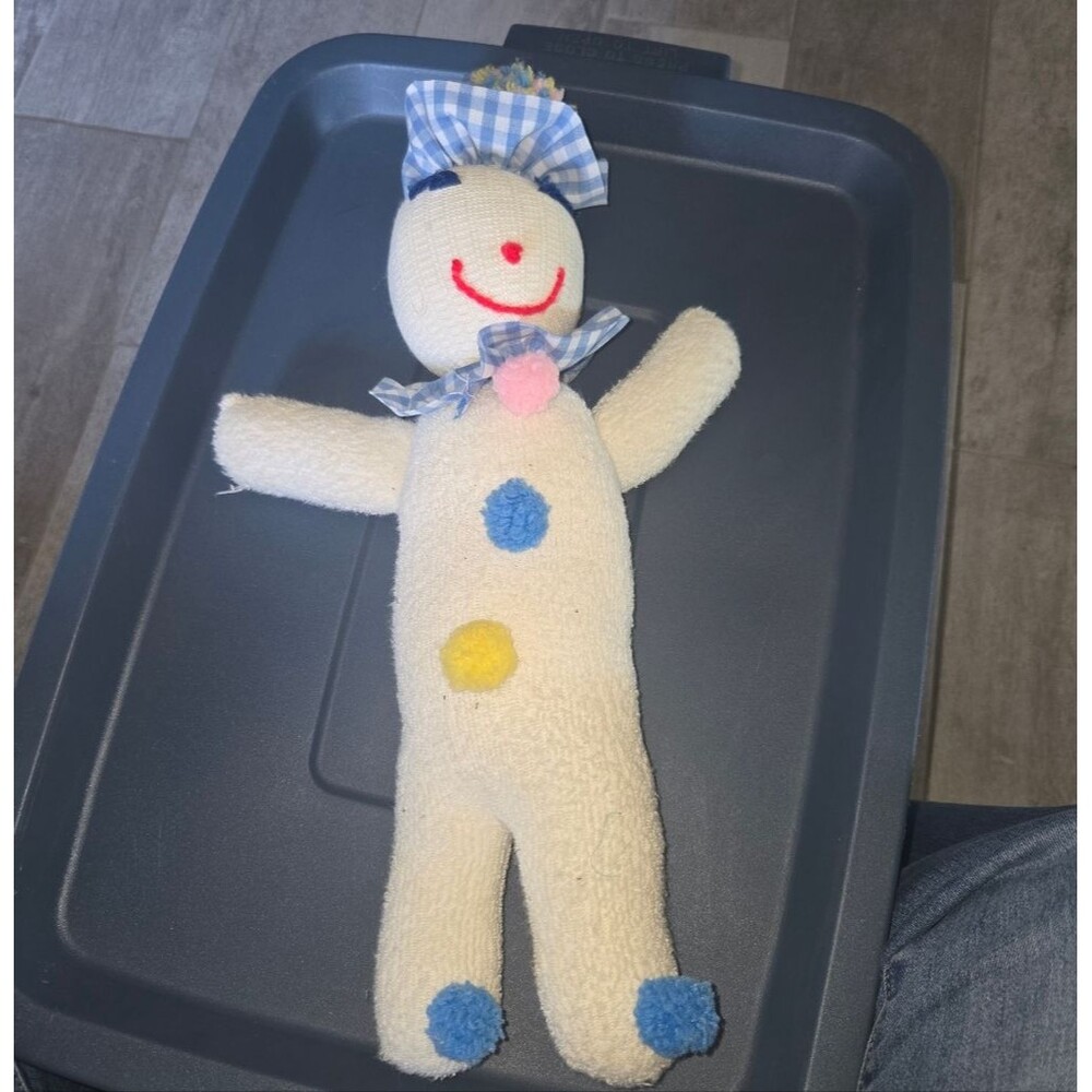Vintage Handmade Cream Plush Clown Doll with Blue & Yellow Accents